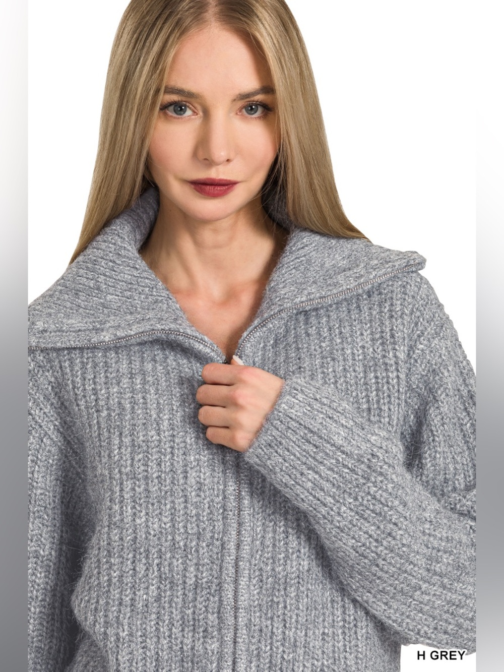 Z40 Zenana Light Gray Chunky Zip Collar Cardigan